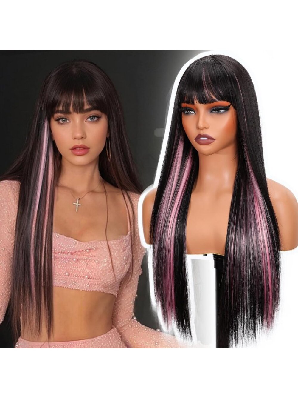 26Inch Women's Black Rose Pink Straight Synthetic Highlight Wig with Bangs